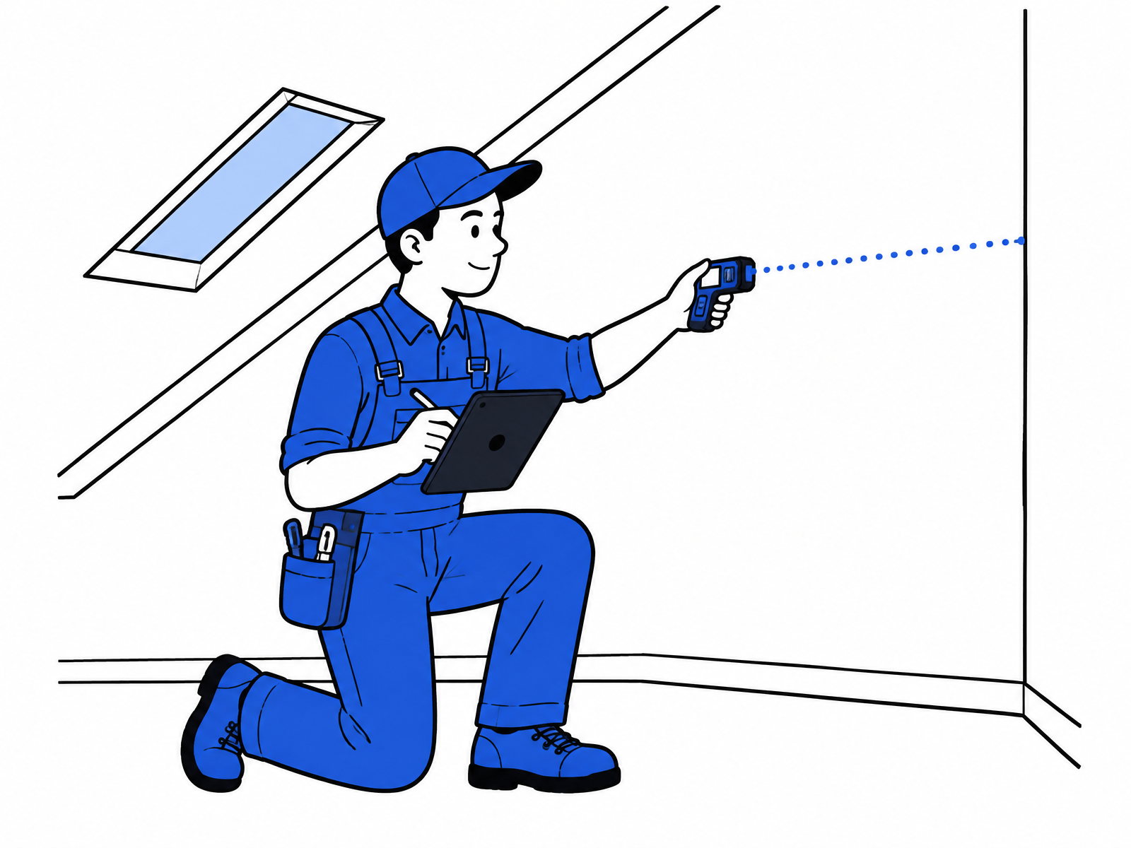 Techniker misst mit einem Laser-Messgerät die Wand für den Klimaanlagen-Einbau